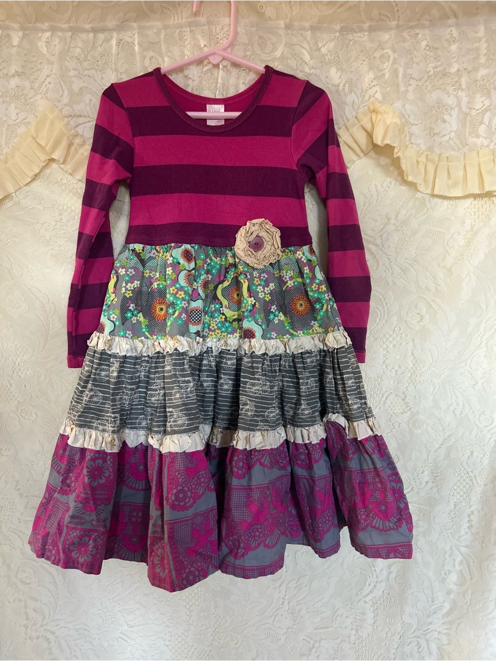 Giggle Moon Striped & Floral Tiered Dress 6y